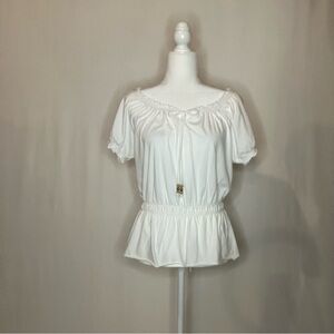 Talbots Elegant White Women's Top Elastic Waist Arms Neckline Front Tie Sz M